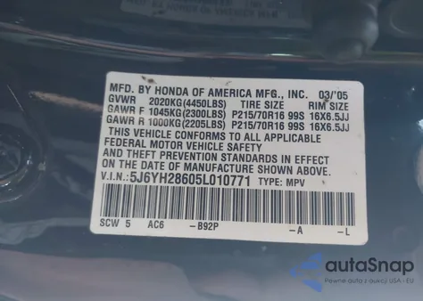 2005 Honda Element Ex z USA, uszkodzony, nr VIN 5J6YH28605L010771
